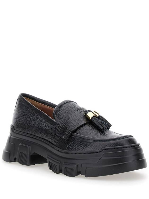 Black Loafers With Tassel And Platform In Hammered Leather Woman - POLLINI - BALAAN 2