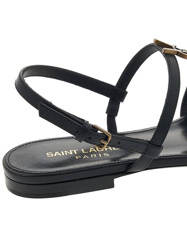 Women's Smooth Leather Gold Tone Monogram Detail Cassandra Flat Sandals Black - SAINT LAURENT - BALAAN 11