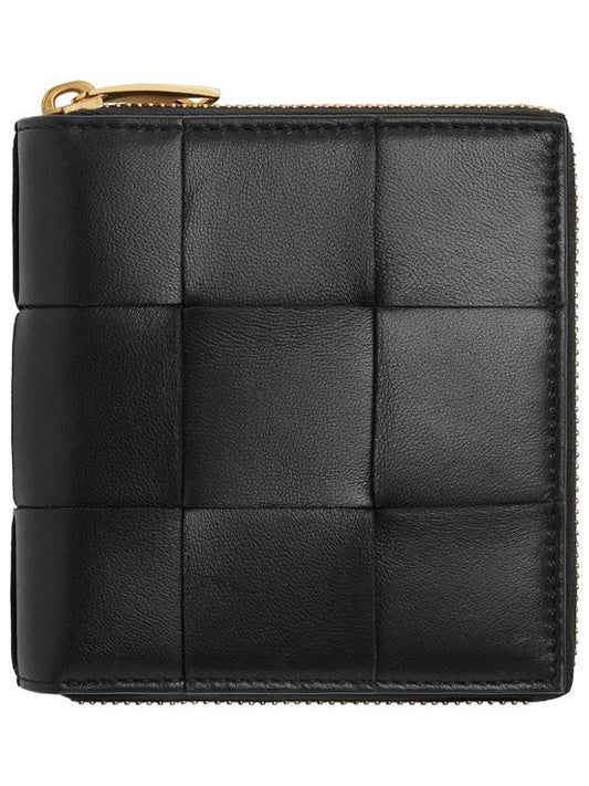 Cassette Compact Zip Around Small Leather Half Wallet Black - BOTTEGA VENETA - BALAAN 1