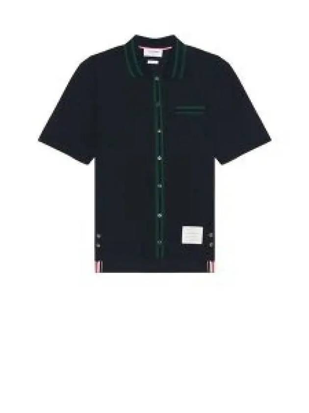 Pointelle Striped Racking Stitch Cotton Short Sleeve Shirt Navy - THOM BROWNE - BALAAN 2