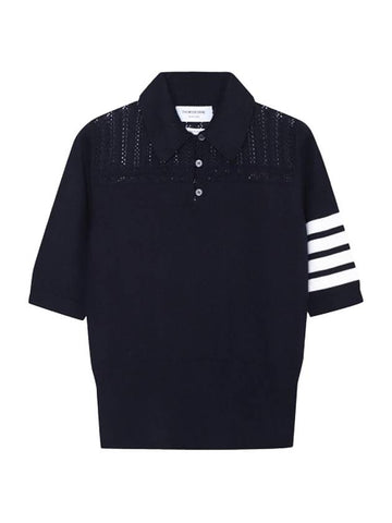 Hector Medallion 4 Bar Keyhole Polo Knit Top Navy - THOM BROWNE - BALAAN 1