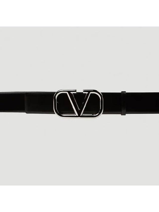 V logo buckle silver tone metal hardware belt black - VALENTINO - BALAAN 1