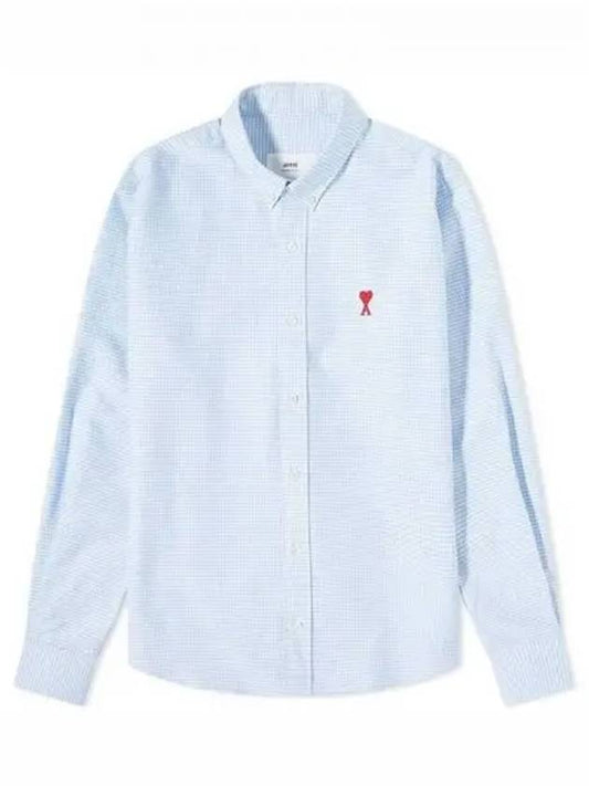 Men's Small A Heart Button Down Long Sleeve Shirt  White Blue - AMI - BALAAN 2