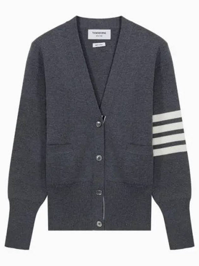 Milano Stitch 4 Bar Classic V Neck Fine Merino Wool Cardigan Medium Grey - THOM BROWNE - BALAAN 2