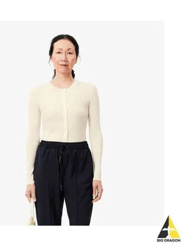 Women s Slim Fit Rib Tissue Crew Neck Cardigan OFFWHITE Off White - LACOSTE - BALAAN 1