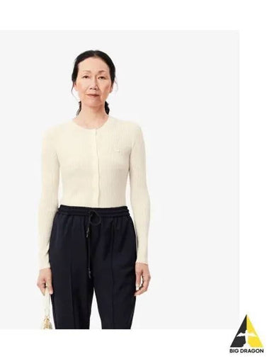 Women s Slim Fit Rib Tissue Crew Neck Cardigan OFFWHITE Off White - LACOSTE - BALAAN 1