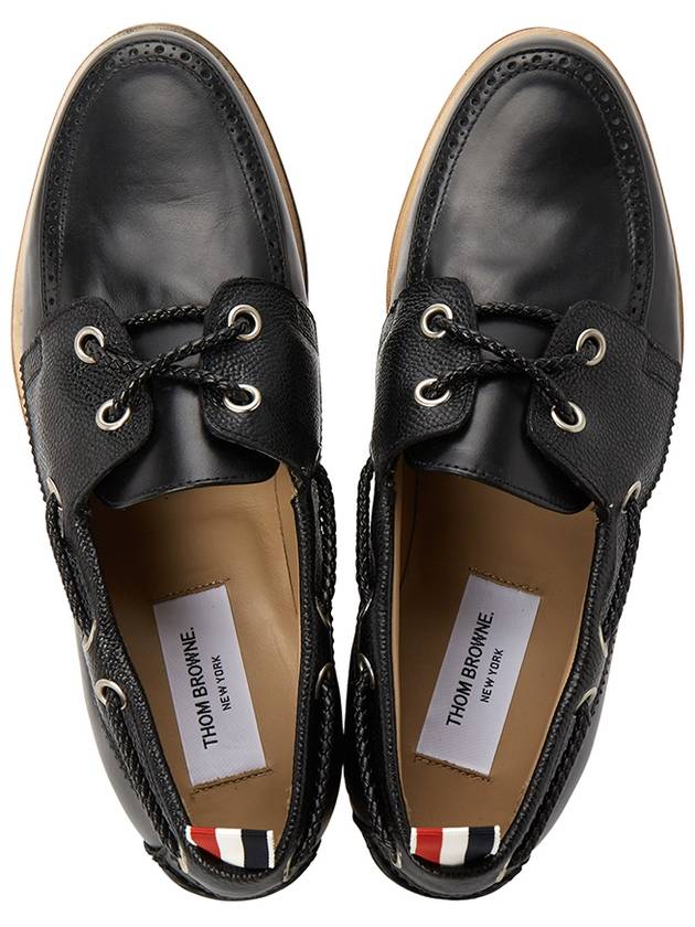 Men's Vitello Calf Leather Boat Shoes Black - THOM BROWNE - BALAAN 3