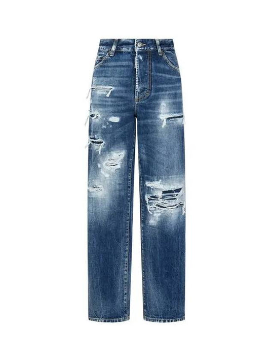 Women s Damaged Wide Boston Jeans Washed Indigo - DSQUARED2 - BALAAN 1