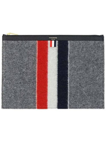 Men's Three Stripes Boiled Wool Stripe Zipper Document Holder Clutch Bag Medium Grey - THOM BROWNE - BALAAN 2