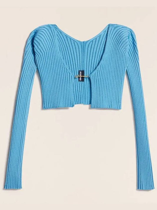 La Maille Pralu Micro Charm Logo Cardigan Light Blue - JACQUEMUS - BALAAN 2