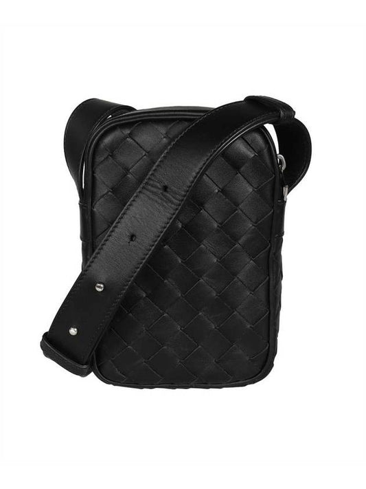 Men's Intrecciato Zippered Leather Mini Cross Bag Black - BOTTEGA VENETA - BALAAN 1