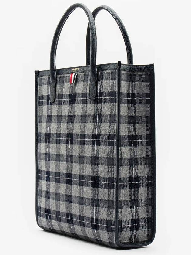 Tartan Wool and Leather Vertical Tote Bag Gray - THOM BROWNE - BALAAN.