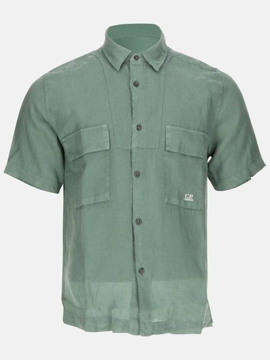 Linen Short Sleeve Shirt Green - CP COMPANY - BALAAN 2