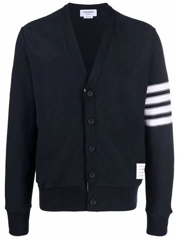 4 Bar Open Raschel Stitch V Neck Cardigan Navy - THOM BROWNE - BALAAN 3