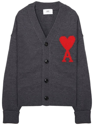 Big Heart Logo Intarsia Oversized Virgin Wool Cardigan Gray - AMI - BALAAN 1