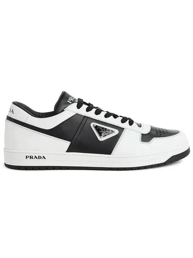 Men's Downtown Triangle Logo Leather Low Top Sneakers Black White - PRADA - BALAAN 3