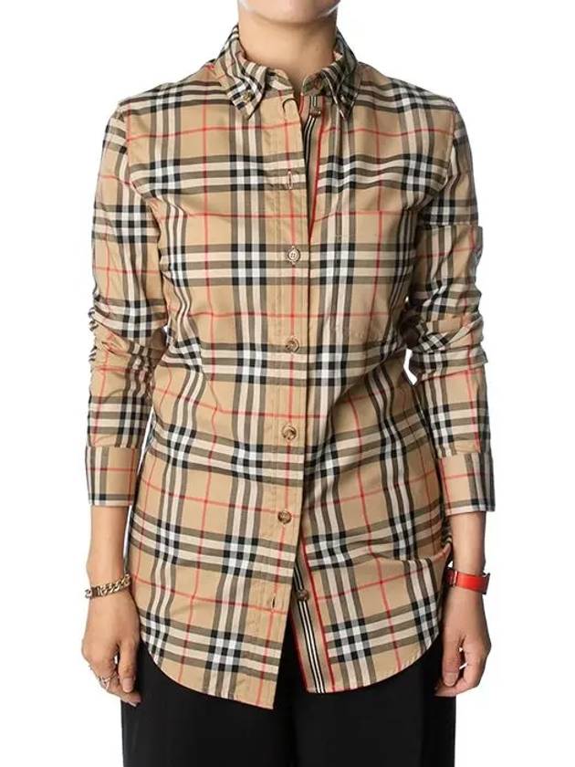 Button Down Collar Vintage Check Stretch Cotton Long Sleeve Shirt Beige - BURBERRY - BALAAN 5