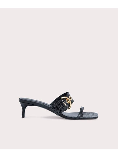 Bettina Circular Croco Embossed Leather Sandals Heel Black - BY FAR - BALAAN 1