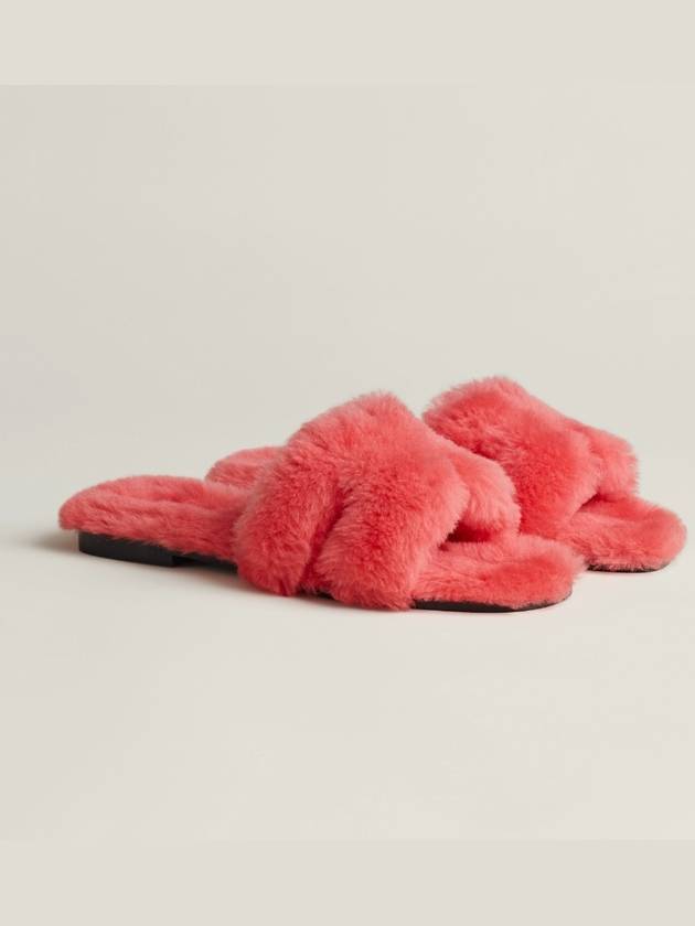 H Oran Shearling Fur Slipper Sandals Pink H231288Z - HERMES - BALAAN 1