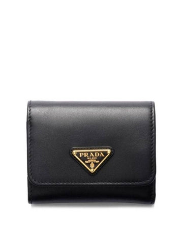 Triangular Logo Tri-Fold Half Wallet Black - PRADA - BALAAN 1