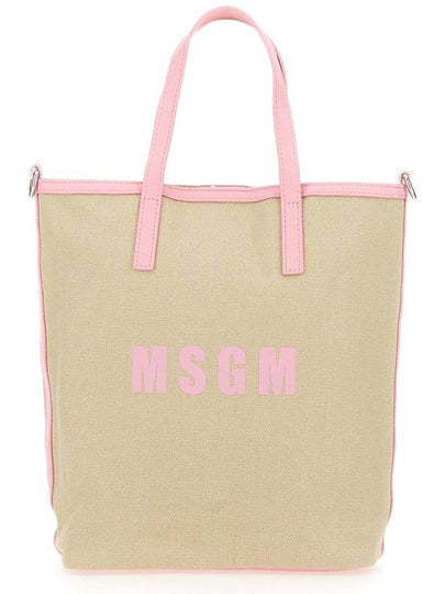 Small Logo Print Calf Leather Tote Bag Pink Beige - MSGM - BALAAN 2