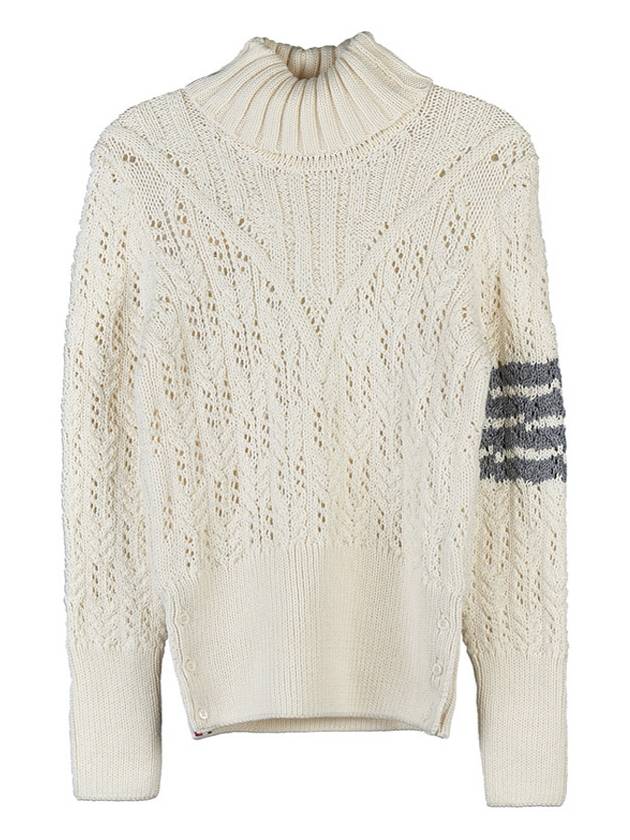 Women's 4 Bar Irish Pointelle Cable Merino Wool Turtleneck White - THOM BROWNE - BALAAN 11