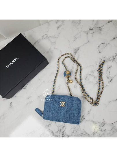 CC Logo Gold Ball Chain Denim Zipper Card Wallet Black - CHANEL - BALAAN 2