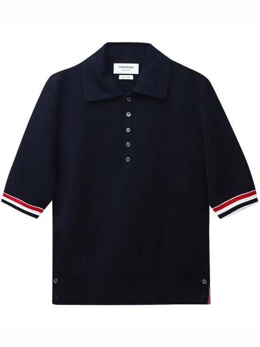 RWB Trimming Milano Stitch Short Sleeve Polo Shirt Navy - THOM BROWNE - BALAAN 1