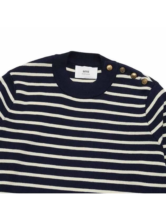 Striped Crewneck Knit Top Nautic Blue White - AMI - BALAAN 4