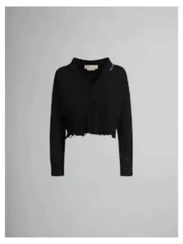 Embroidered Logo Distressed V-Neck Crop Cardigan Black - MARNI - BALAAN 2