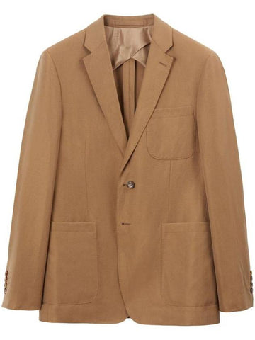 Slim Fit Unstructured Wool Linen Blend Single Breasted Jacket Camel - BURBERRY - BALAAN 1