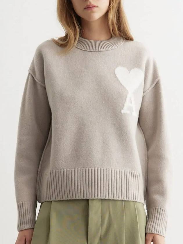 Big Heart Logo Wool Knit Top Light Beige - AMI - BALAAN 4