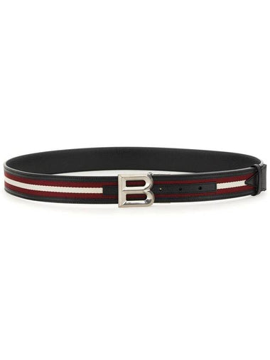 B Bold Buckle Striped Leather Belt Black - BALLY - BALAAN 1