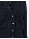 Merino Wool Crisscross Cable Stitch 3/4 Sleeve V-Neck Cardigan Navy - THOM BROWNE - BALAAN 6