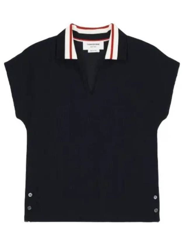 Striped collar short sleeve polo shirt navy - THOM BROWNE - BALAAN 1