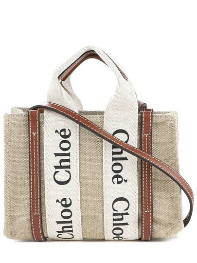 Woody Linen Canvas Calfskin Tote Bag White Brown - CHLOE - BALAAN 2