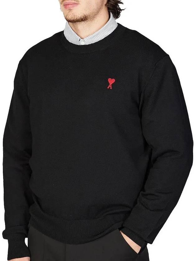 Heart Embroidered Logo Crew Neck Knit Top Black - AMI - BALAAN 2