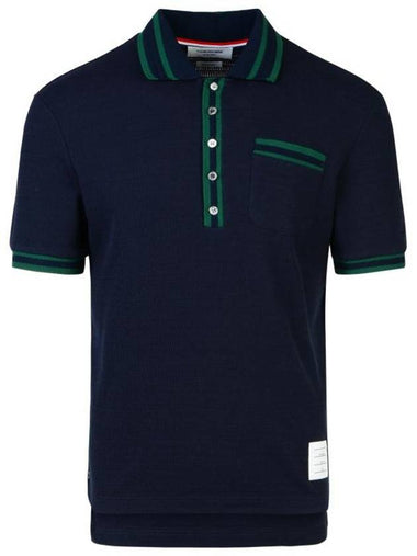 Textured Tipped Cotton Polo Shirt Navy - THOM BROWNE - BALAAN 1