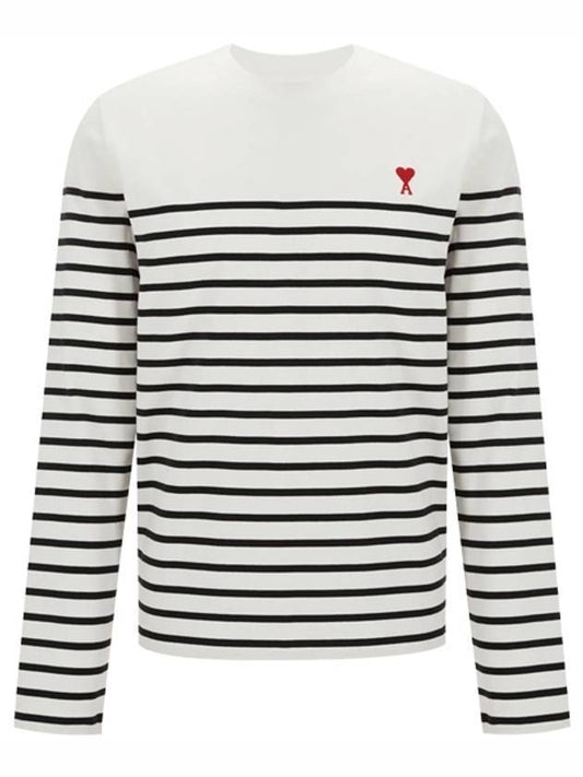 Men's Heart Logo Striped Long Sleeve T-Shirt White Black - AMI - BALAAN 1