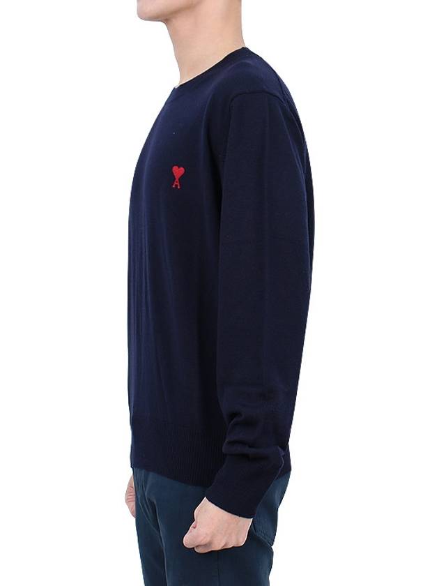 Heart Embroidered Logo Crew Neck Knit Top Navy - AMI - BALAAN 4