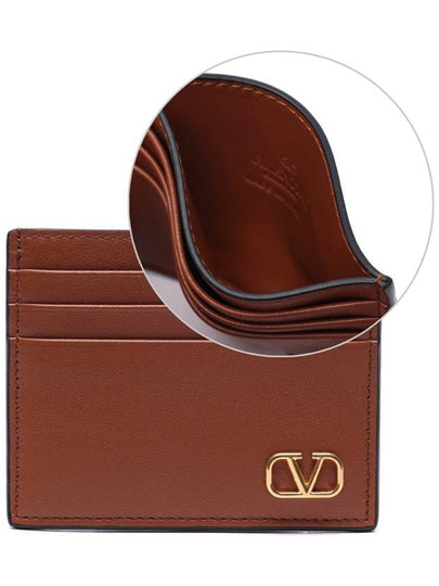 Gold V Logo Signature Leather Card Wallet Brown - VALENTINO - BALAAN 2