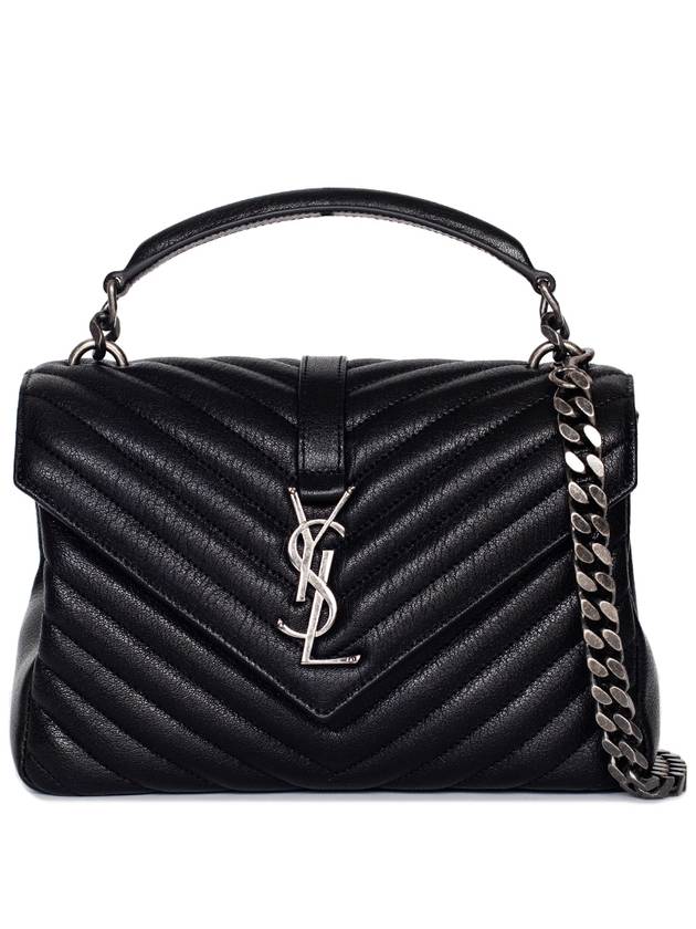 Silver Monogram College Medium Chain Crossbody Bag in Matelasse Leather Black - SAINT LAURENT - BALAAN 2