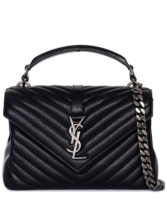 Silver Monogram College Medium Chain Crossbody Bag in Matelasse Leather Black - SAINT LAURENT - BALAAN