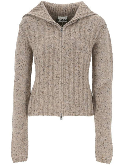 Alpaca Cotton Mix High Neck Zip-Up Cardigan Beige - GANNI - BALAAN 2