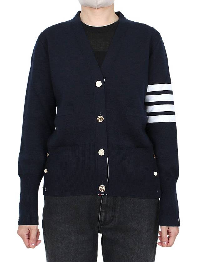 Milano Stitch 4 Bar Classic V Neck Fine Merino Wool Cardigan Navy - THOM BROWNE - BALAAN 2