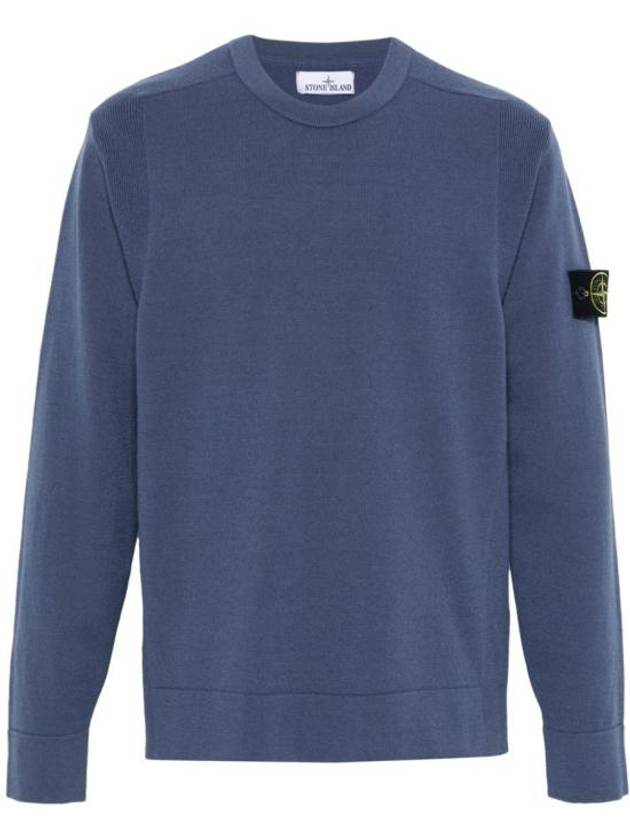 Compass Badge Crewneck Virgin Wool Knit Top Blue - STONE ISLAND - BALAAN 1