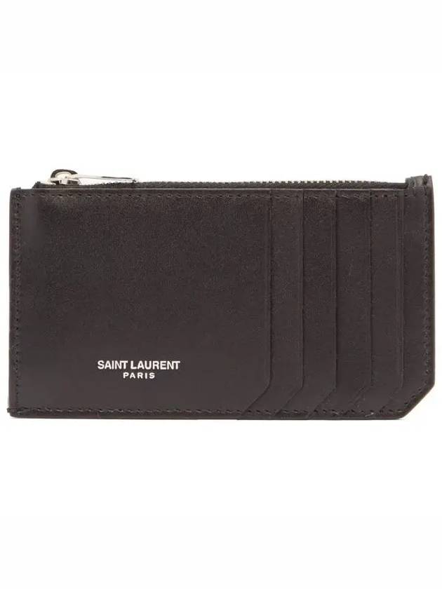 Logo Stamp Print Smooth Leather Zipper Card Holder 458583 D434N - SAINT LAURENT - BALAAN 1