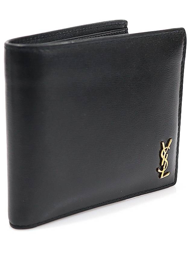 607727 Black leather monogram gold plated East West half wallet - SAINT LAURENT - BALAAN 3