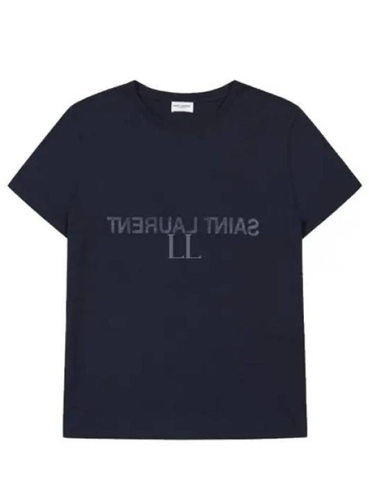 Reverse Logo Print Cotton Short Sleeve T-Shirt Navy - SAINT LAURENT - BALAAN 2