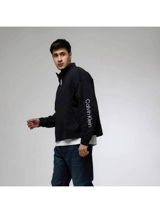 Men's logo embroidered half zipup hooded sweatshirt black - CALVIN KLEIN - BALAAN 1